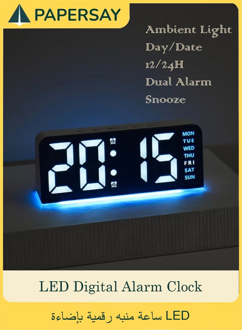 PAPERSAY Digital Alarm Clock, LED Digital Clock with Ambient Light, with Day/Date/Temperature/ 12/24H/ Dual Alarm/Snooze, Bedside Desk Table Clock, for Office Bedroom Kids Elderly(16×6.7cm) - Image 1